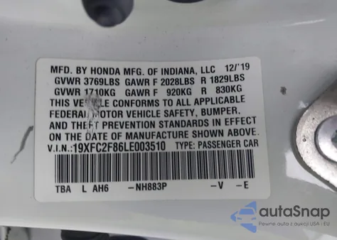 2020 Honda Civic Sport from USA, damaged, VIN 19XFC2F86LE003510